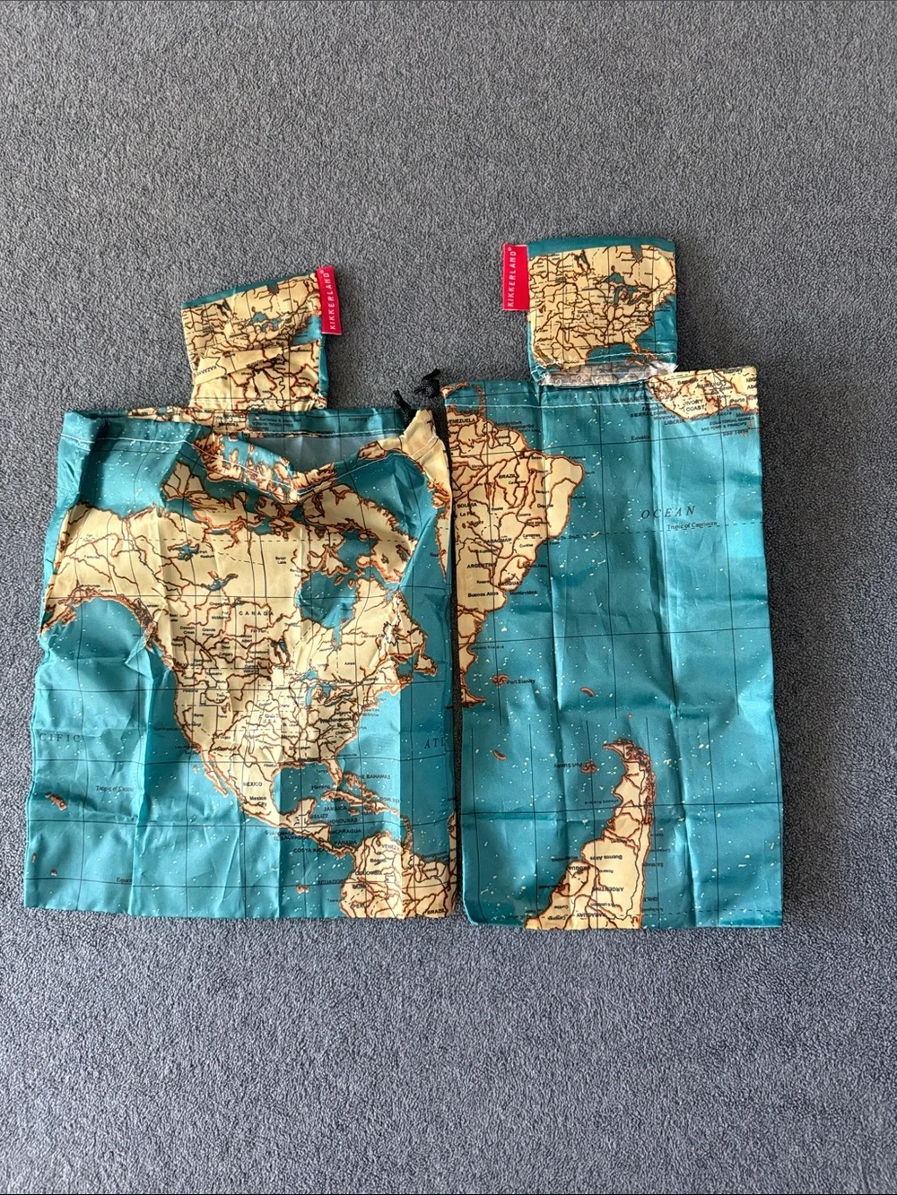 Foldable Map Print Reusable Travel Tote in Teal and Beige Kikkerland